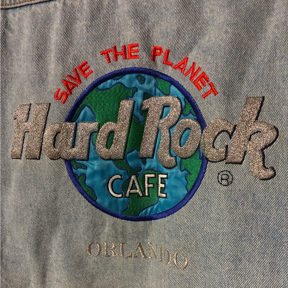Hard Rock Cafe Button on Blue Denim